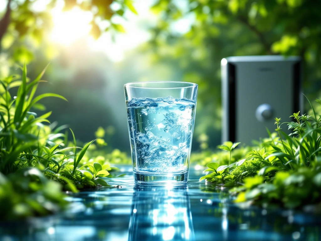 Een glas puur water met zonlicht, omgeven door groene planten en een modern waterzuiveringssysteem op de achtergrond. Een glas zuiver water staat te midden van weelderige natuur, met een moderne waterzuiveringsinstallatie subtiel op de achtergrond.
