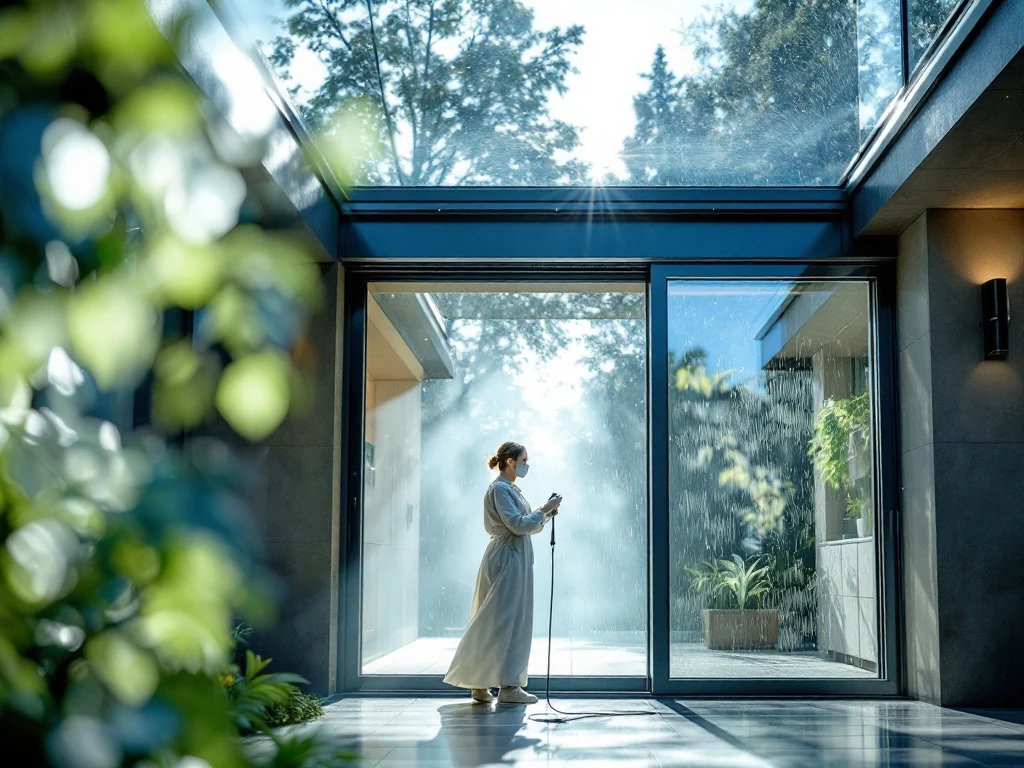 Schoonmaker reinigt streeploos raam met osmose water, weerspiegelt zonlicht; groene omgeving benadrukt milieuvriendelijkheid. Schoonmaker poetst vlekkeloos raam met osmose water; zon reflecteert op glas. Milieuvriendelijke omgeving op achtergrond.