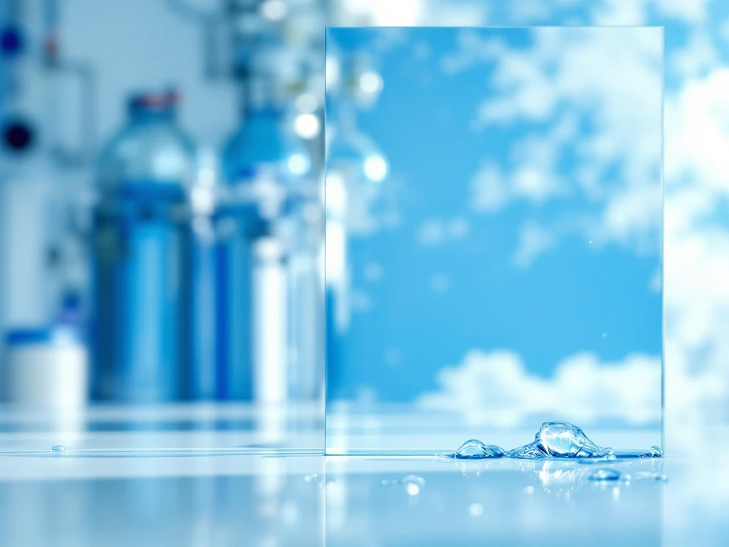 Een zonovergoten glazen ruit, gereinigd met osmosewater, weerspiegelt een blauwe lucht. Achtergrond toont geavanceerde reinigingstechnologie. Een helder glazen paneel weerspiegelt een blauwe lucht, symboliserend Hijman's glasreiniging met osmosewater; technologie op de achtergrond.