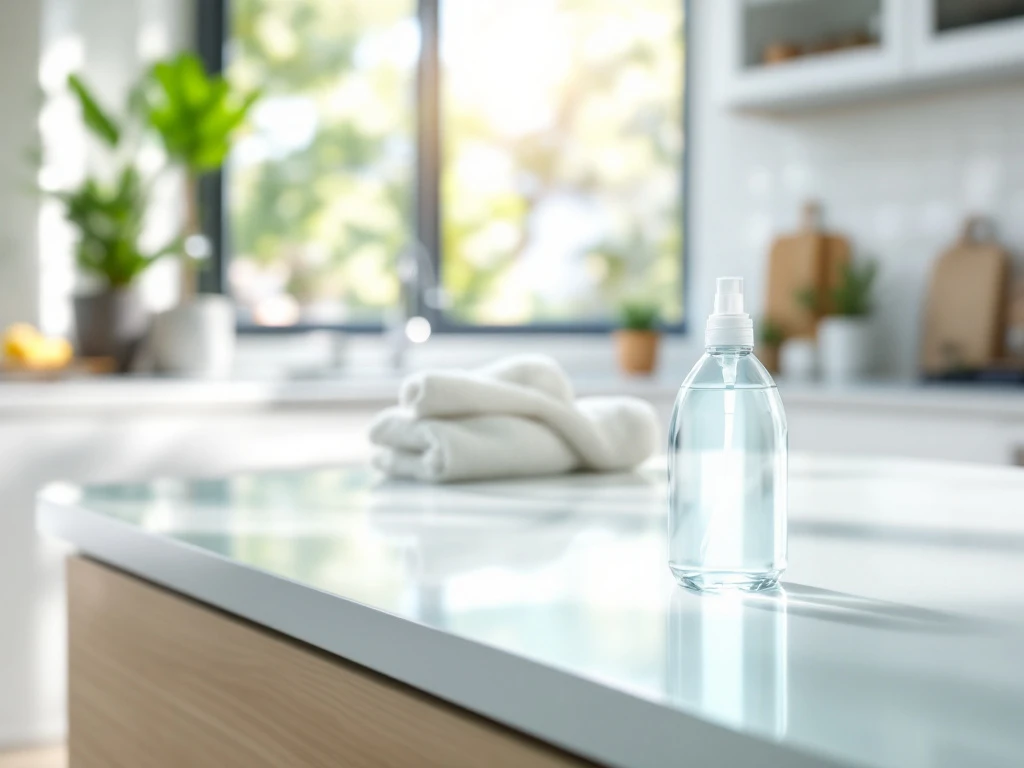 Een moderne keuken met natuurlijk licht en een spuitfles als milieuvriendelijke schimmelreiniger, naast een groene plant op een wit aanrecht. Een schone, moderne keuken met natuurlijk licht, tonen een milieuvriendelijke sprayfles en een plant, in een frisse, neutrale kleurenschema.