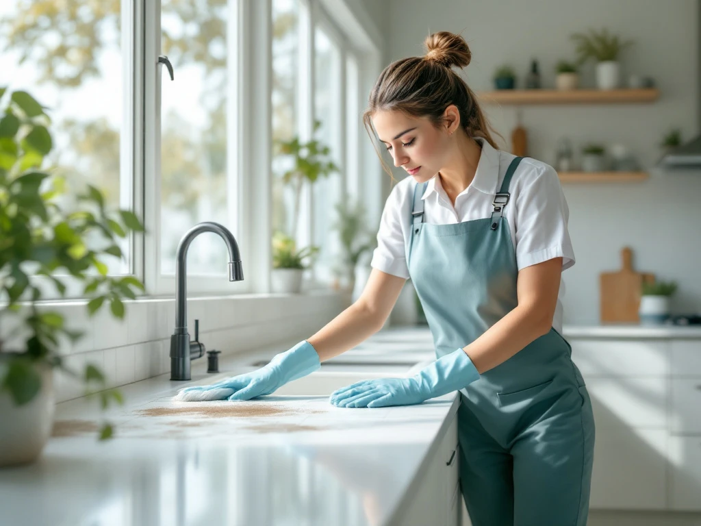 Professionele schoonmaker verwijdert schimmel in een moderne keuken, met nadruk op reinheid en milieuvriendelijkheid. Een professionele schoonmaker verwijdert schimmel in een moderne keuken, benadrukt milieuvriendelijkheid en netheid.