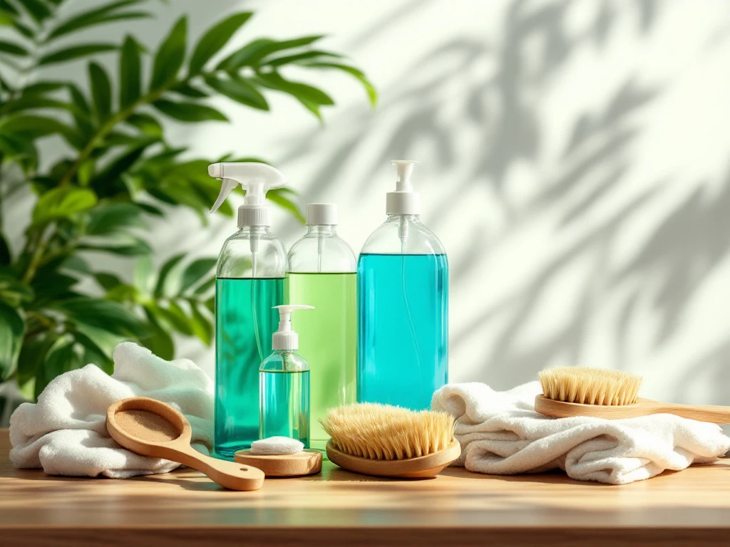 Een fotorealistisch beeld van milieuvriendelijke schoonmaakproducten op hout, met glazen flessen, natuurlijke borstels en planten. Een fotorealistische afbeelding van milieuvriendelijke schoonmaakproducten, met glazen flessen en natuurlijke borstels op hout.