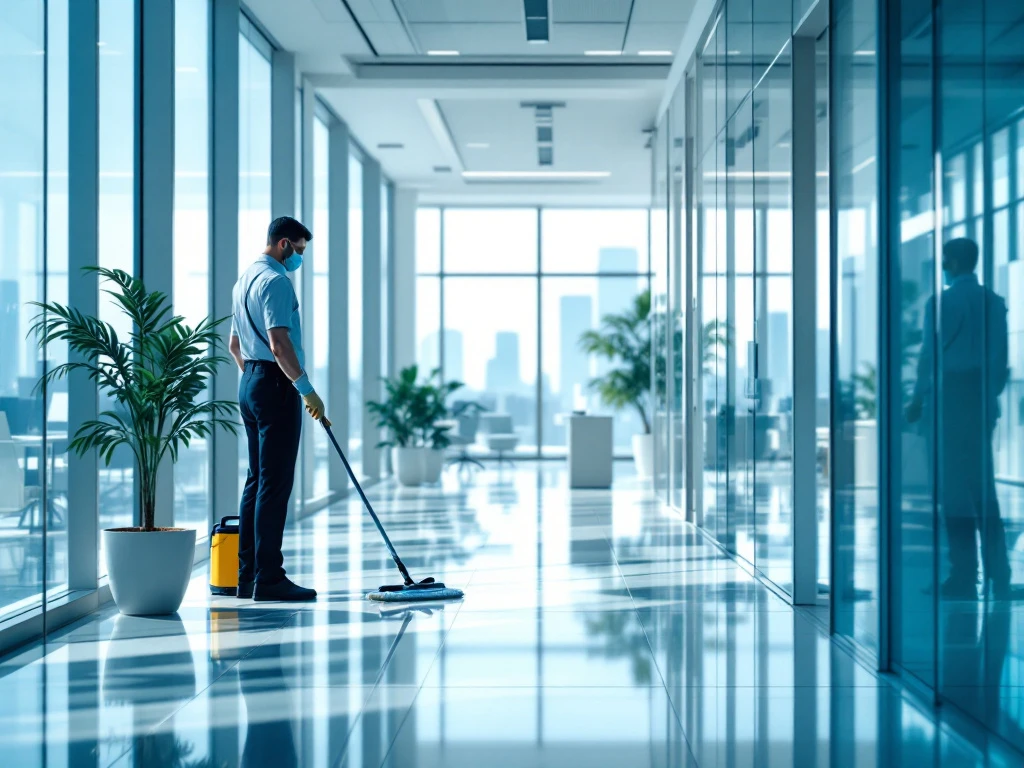 Een moderne, schone kantoorruimte met een schoonmaker die glas poetst, omgeven door geavanceerde apparatuur en een groene plant. Een moderne, schone kantoorruimte met veel natuurlijk licht. Een schoonmaker poetst glas, met geavanceerde schoonmaakapparatuur dichtbij.