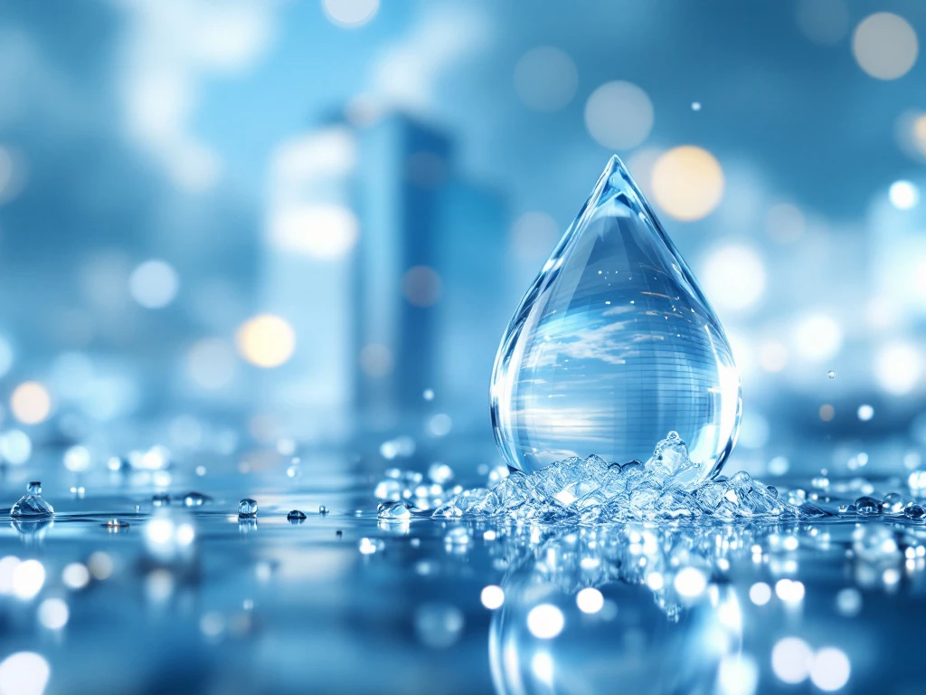 Een modern hoog gebouw in zachte gloed met een vergrote, heldere waterdruppel, symbool voor geavanceerde osmosewatersystemen. Een modern hoog gebouw in blauw en zilver, omgeven door een heldere waterdruppel die zuiverheid en geavanceerde technologie symboliseert.