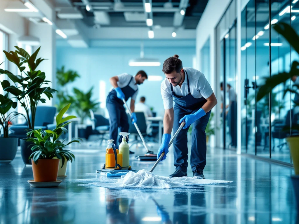 Een modern kantoor met een schoonmaakteam in uniformen. Ze gebruiken geavanceerde, duurzame apparatuur in een strakke, heldere ruimte. Een modern kantoor waar een professioneel schoonmaakteam efficiënt werkt met milieuvriendelijke middelen en geavanceerde technologie.