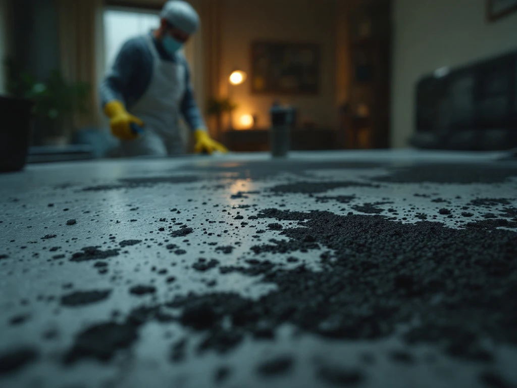 Close-up van zwart schimmel op een oppervlak in een woning. Een professional reinigt de schimmel met handschoenen en masker. Close-up van zwarte schimmel op een oppervlak, professionele schoonmaker op de achtergrond, benadrukt ernst en noodzaak van interventie.