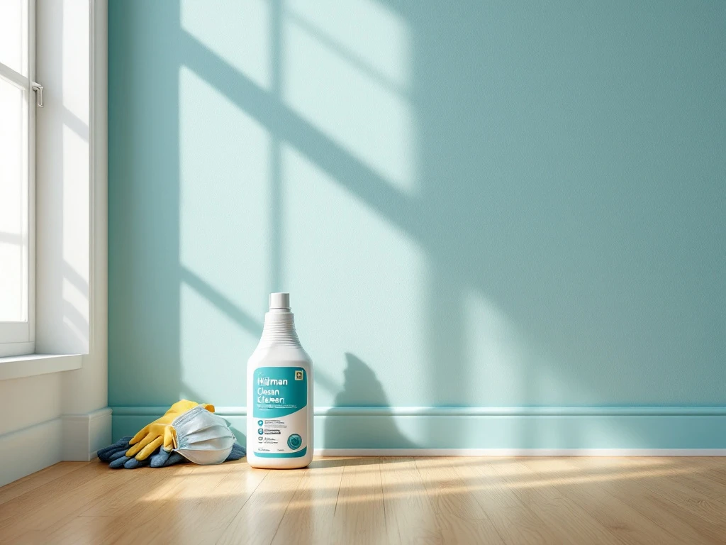 Een fles schimmelreiniger staat op een houten vloer, omringd door beschermingsmiddelen, in een serene ruimte met subtiel licht en schaduw. Een moderne fles schimmelreiniger op een houten vloer, omringd door beschermende handschoenen en masker, in warme, natuurlijke belichting.