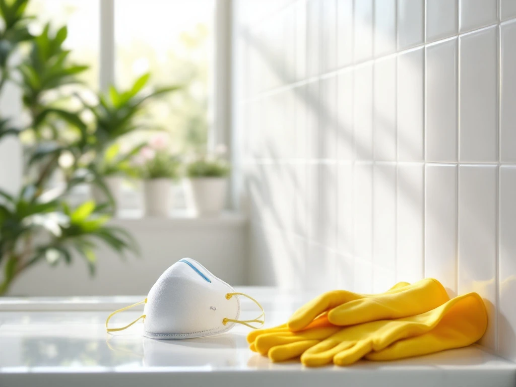 Een schone badkamer met witte tegels, gele handschoenen, een masker op het aanrecht en planten. Ventilatie en eco-vriendelijkheid benadrukt. Een schone badkamer met witte tegels, natuurlijke lichtinval, gele handschoenen en een masker, en groene planten voor een frisse uitstraling.