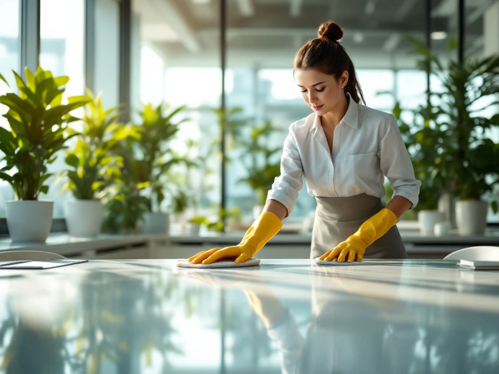 Een modern kantoor met een schoonmaker die een bureau poetst, omgeven door planten en zonlicht, straalt netheid en professionaliteit uit. Een moderne, schone kantoorruimte met een schoonmaker in uniform, veel groene planten en zonlicht dat een frisse sfeer benadrukt.