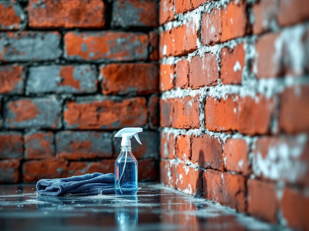 Bakstenen muur voor en na reiniging met spray fles, toont contrast tussen vuile en schone stenen