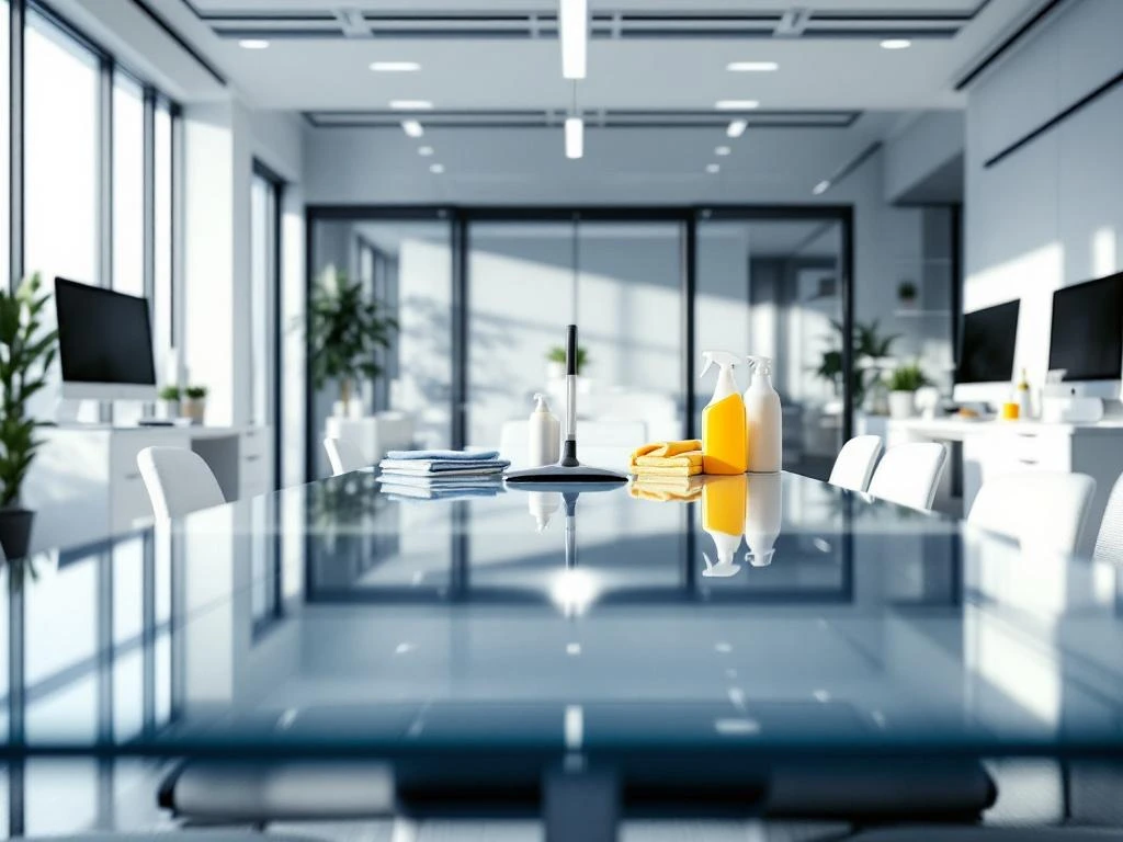 Schone moderne kantoorruimte met glazen vergadertafel, witte bureaus, monitors en professionele schoonmaakmiddelen
