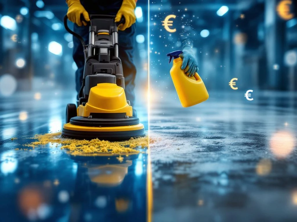 vloer-strippen-professioneel-vs-doe-het-zelf-kosten.jpg Professionele vloerstripmachine versus handmatige schoonmaak met basisgereedschap, kostenvergelijking in blauw-wit